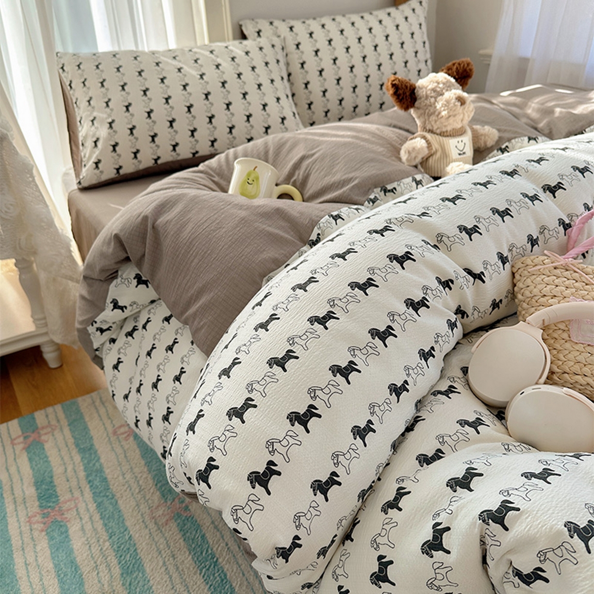 温眠家纺 2026新款敲可爱的奶呼呼云感双层纱简约四件套系列-超级治愈~ 木马