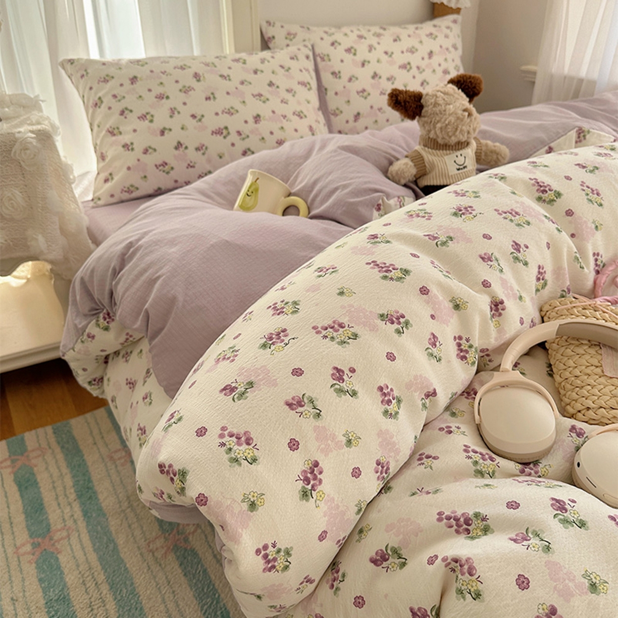 温眠家纺 2026新款敲可爱的奶呼呼云感双层纱简约四件套系列-超级治愈~ 葡萄多多