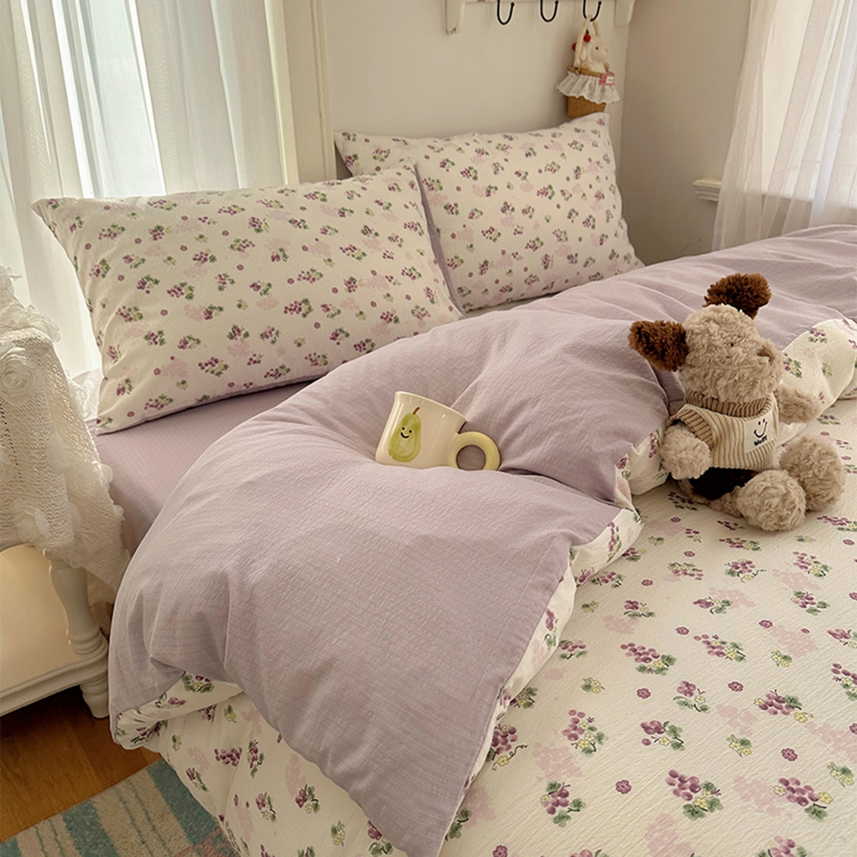 91家纺网 家纺一手货源 找家纺 温眠家纺 2026新款敲可爱的奶呼呼云感双层纱简约四件套系列-超级治愈~ 葡萄多多