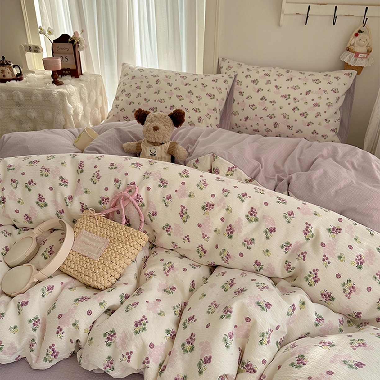 91家纺网 家纺一手货源 找家纺 温眠家纺 2026新款敲可爱的奶呼呼云感双层纱简约四件套系列-超级治愈~ 葡萄多多