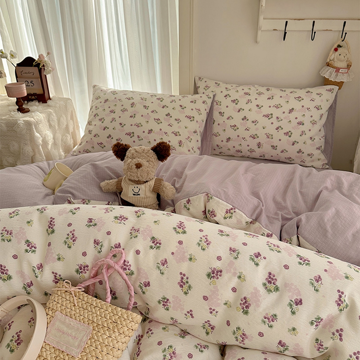 91家纺网 家纺一手货源 找家纺 温眠家纺 2026新款敲可爱的奶呼呼云感双层纱简约四件套系列-超级治愈~ 葡萄多多