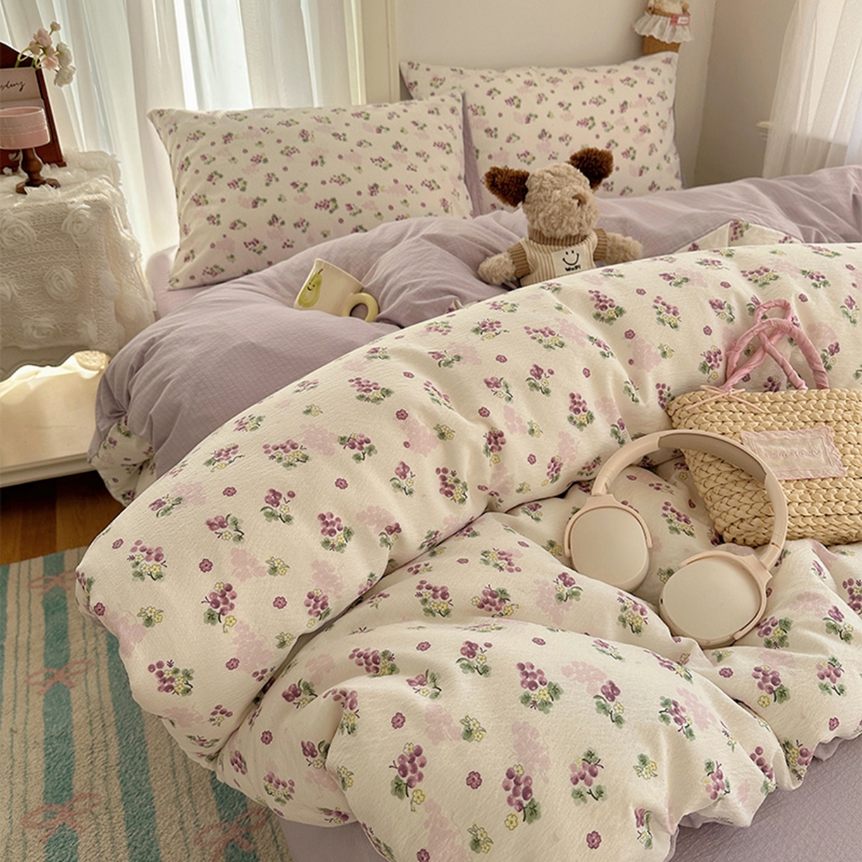 91家纺网 家纺一手货源 找家纺 温眠家纺 2026新款敲可爱的奶呼呼云感双层纱简约四件套系列-超级治愈~ 葡萄多多