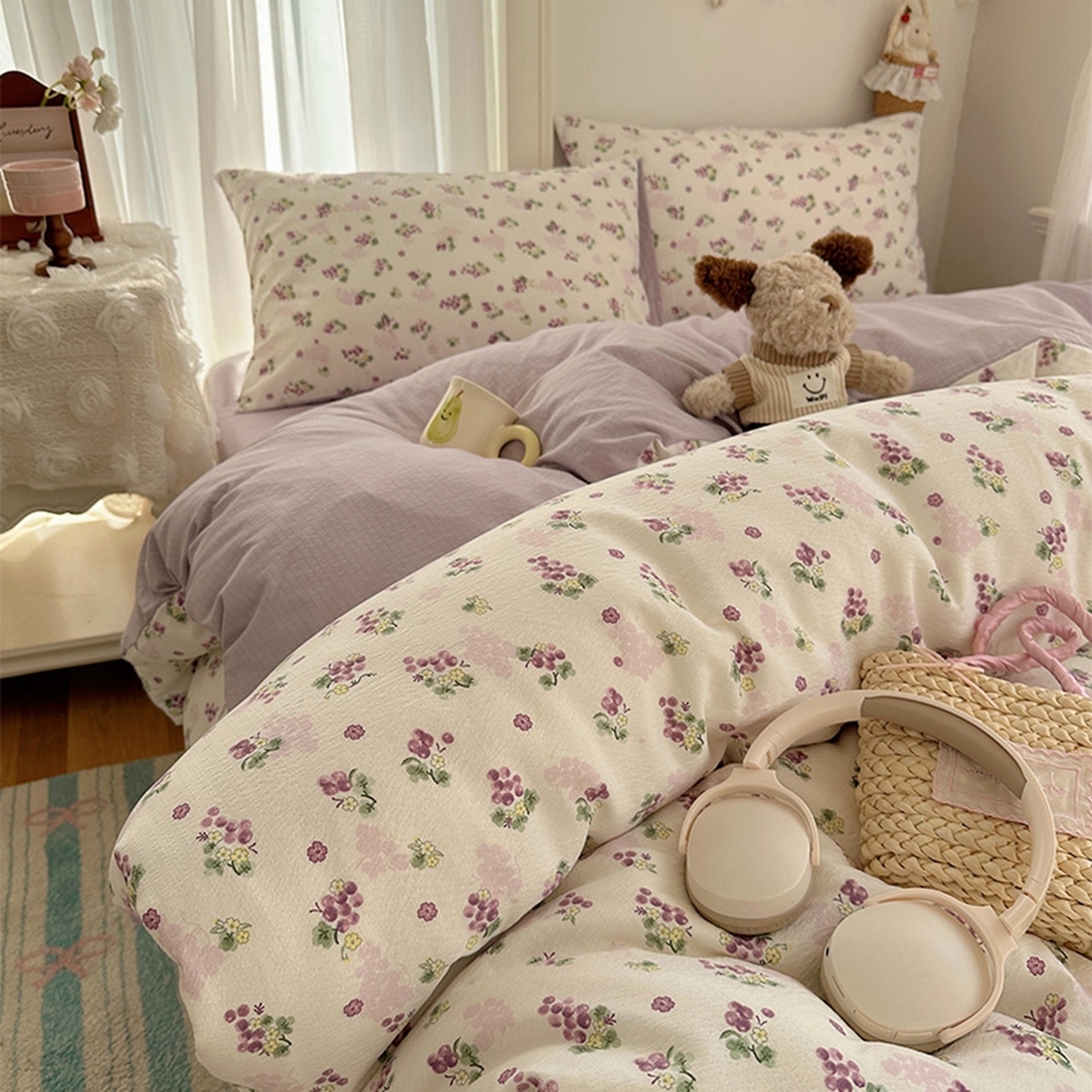 91家纺网 家纺一手货源 找家纺 温眠家纺 2026新款敲可爱的奶呼呼云感双层纱简约四件套系列-超级治愈~ 葡萄多多