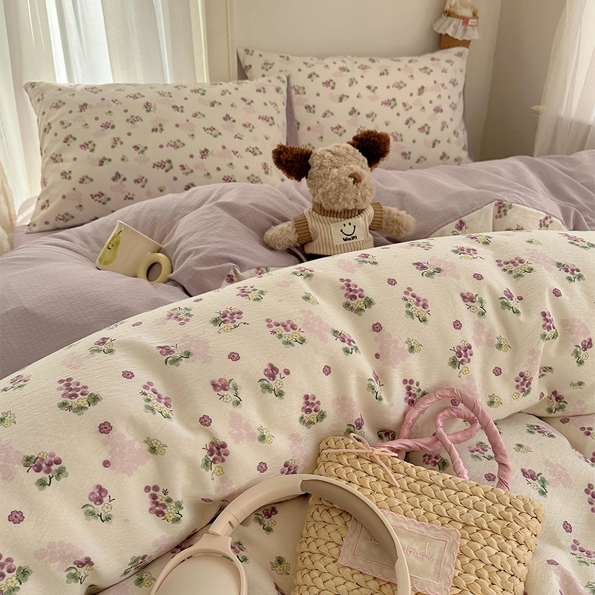 91家纺网 家纺一手货源 找家纺 温眠家纺 2026新款敲可爱的奶呼呼云感双层纱简约四件套系列-超级治愈~ 葡萄多多