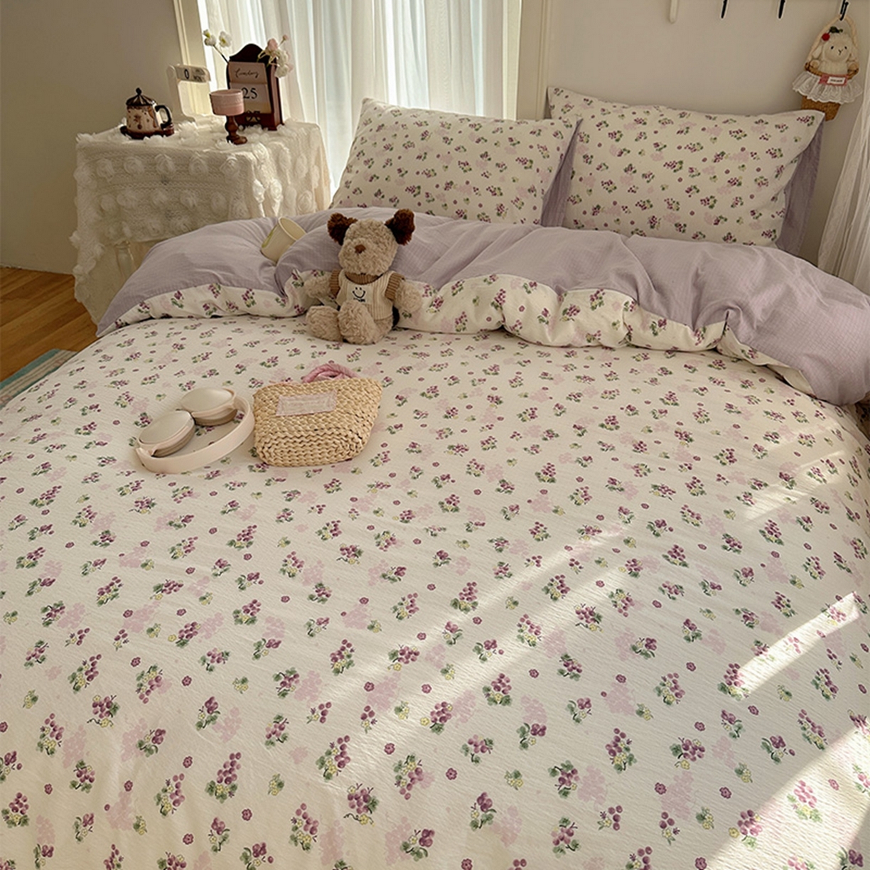 91家纺网 家纺一手货源 找家纺 温眠家纺 2026新款敲可爱的奶呼呼云感双层纱简约四件套系列-超级治愈~ 葡萄多多