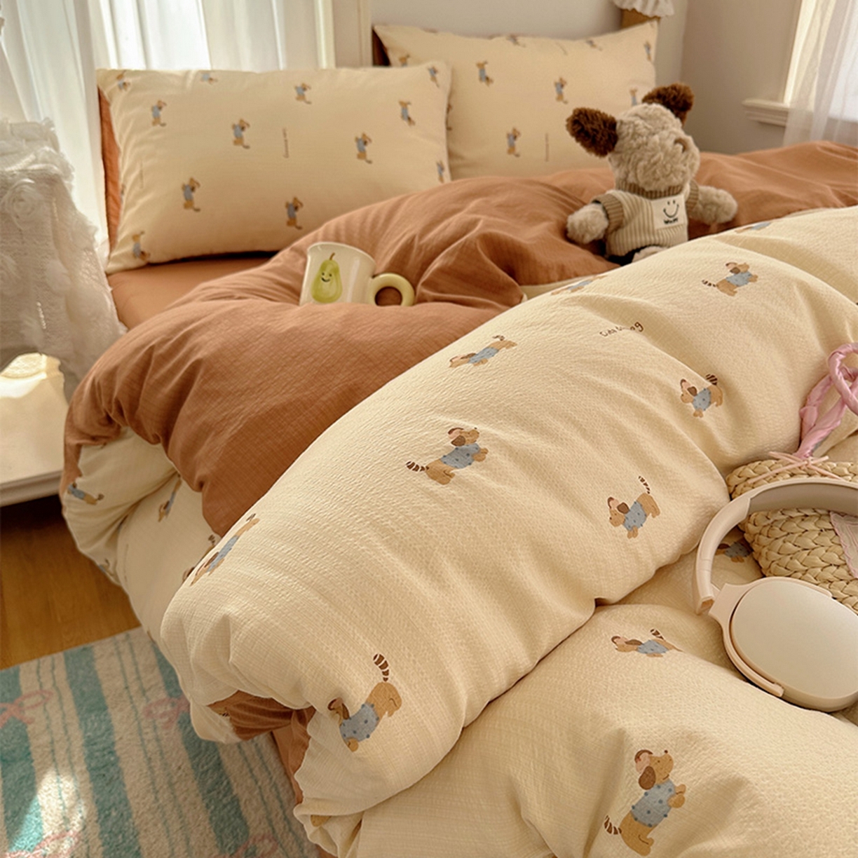 温眠家纺 2026新款敲可爱的奶呼呼云感双层纱简约四件套系列-超级治愈~ 俏皮狗