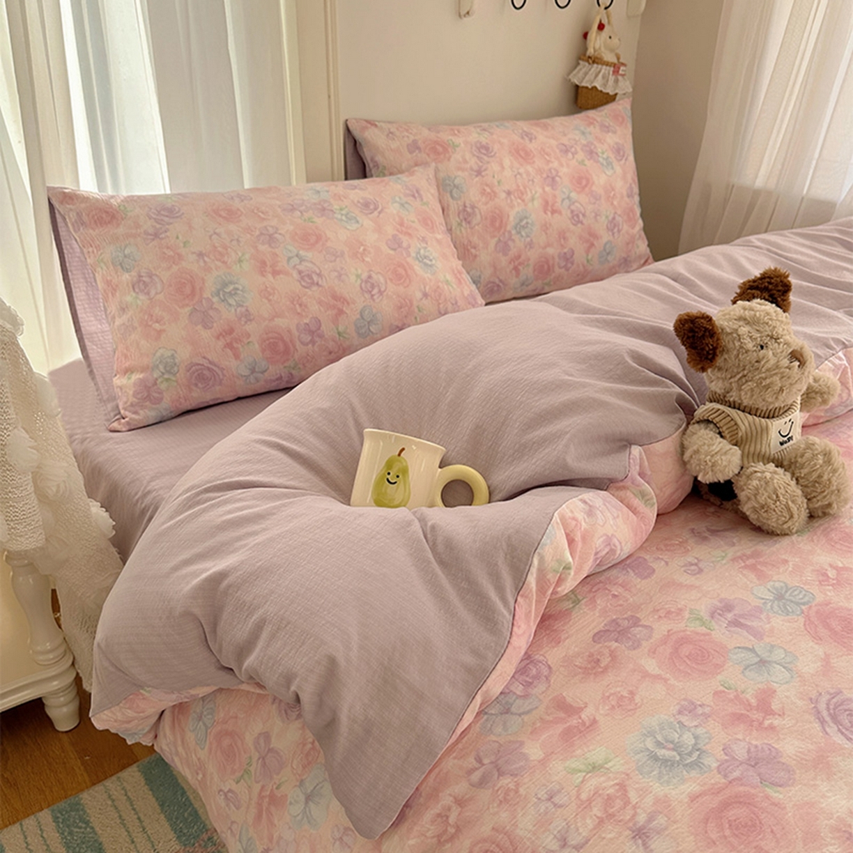 91家纺网 家纺一手货源 找家纺 温眠家纺 2026新款敲可爱的奶呼呼云感双层纱简约四件套系列-超级治愈~ 烟紫