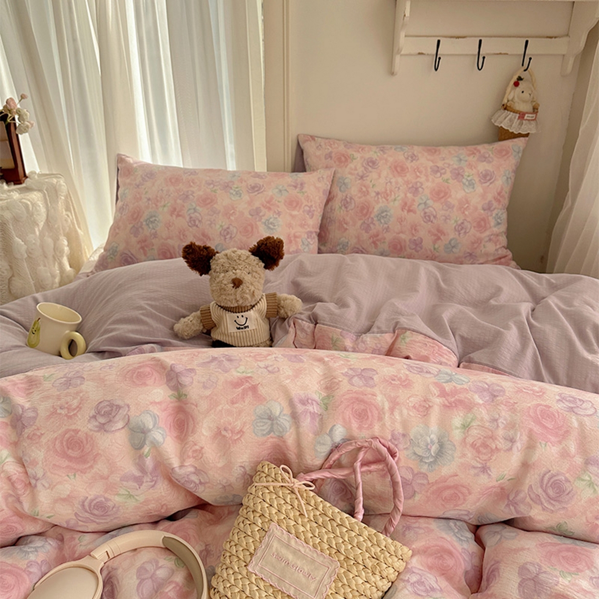 91家纺网 家纺一手货源 找家纺 温眠家纺 2026新款敲可爱的奶呼呼云感双层纱简约四件套系列-超级治愈~ 烟紫