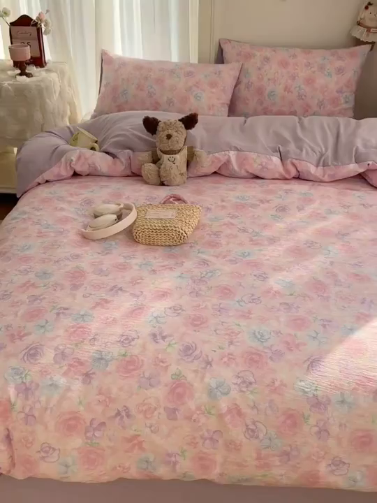 91家纺网 家纺一手货源 找家纺 温眠家纺 2026新款敲可爱的奶呼呼云感双层纱简约四件套系列-超级治愈~ 烟紫