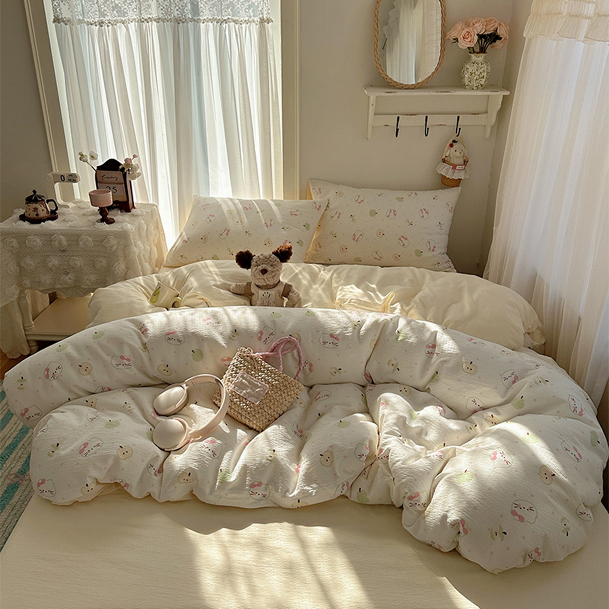 91家纺网 家纺一手货源 找家纺 温眠家纺 2026新款敲可爱的奶呼呼云感双层纱简约四件套系列-超级治愈~ 一口青苹果