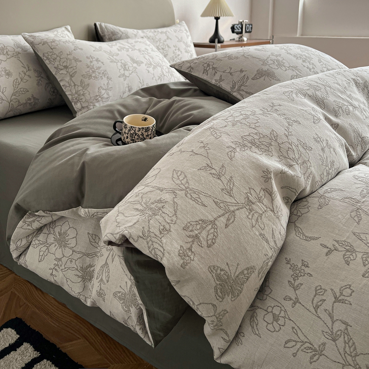 锦彩家居 2026新款全棉色织三层大提花四件套-花漫辞系列（提供买家秀） 繁花-灰