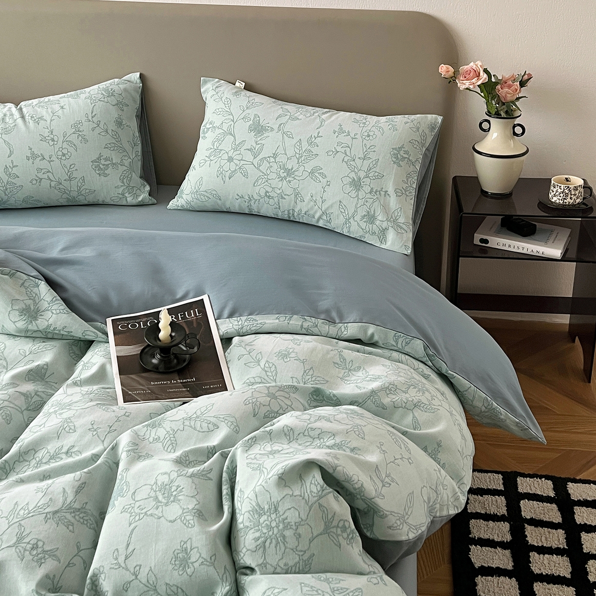 91家纺网 家纺一手货源 找家纺 锦彩家居 2026新款全棉色织三层大提花四件套-花漫辞系列（提供买家秀） 繁花-蓝