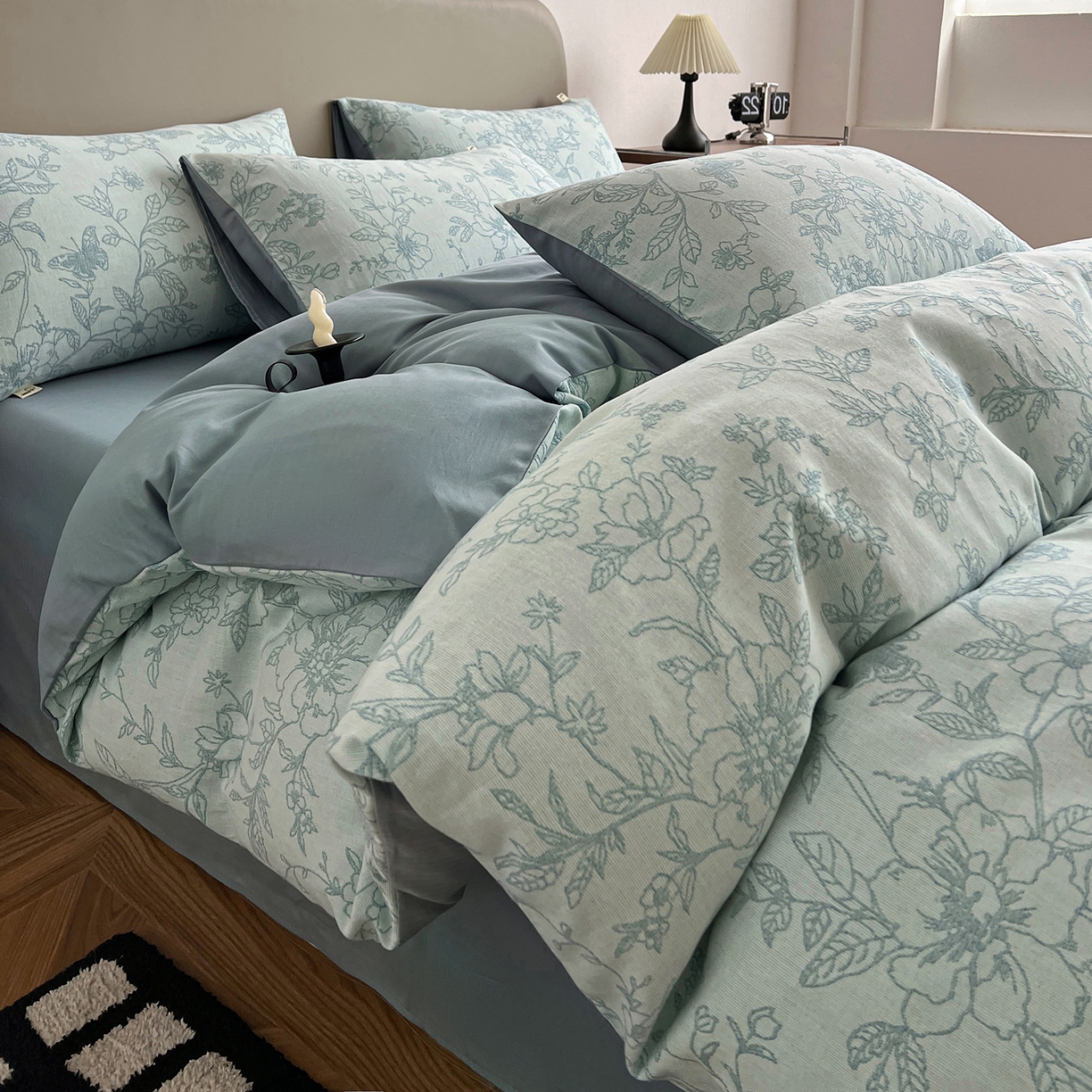 锦彩家居 2026新款全棉色织三层大提花四件套-花漫辞系列（提供买家秀） 繁花-蓝