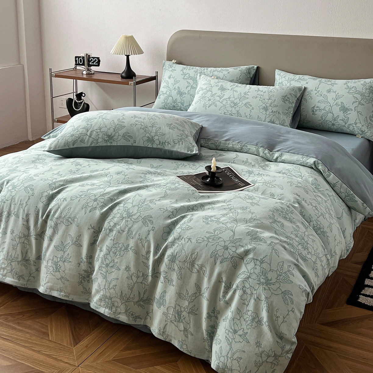 91家纺网 家纺一手货源 找家纺 锦彩家居 2026新款全棉色织三层大提花四件套-花漫辞系列（提供买家秀） 繁花-蓝