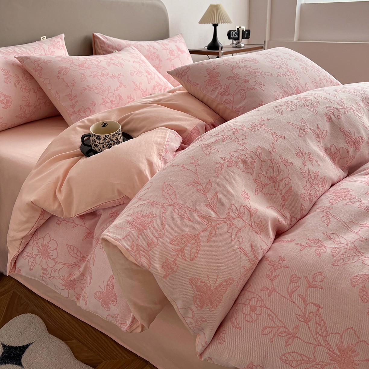 锦彩家居 2026新款全棉色织三层大提花四件套-花漫辞系列（提供买家秀） 繁花-粉