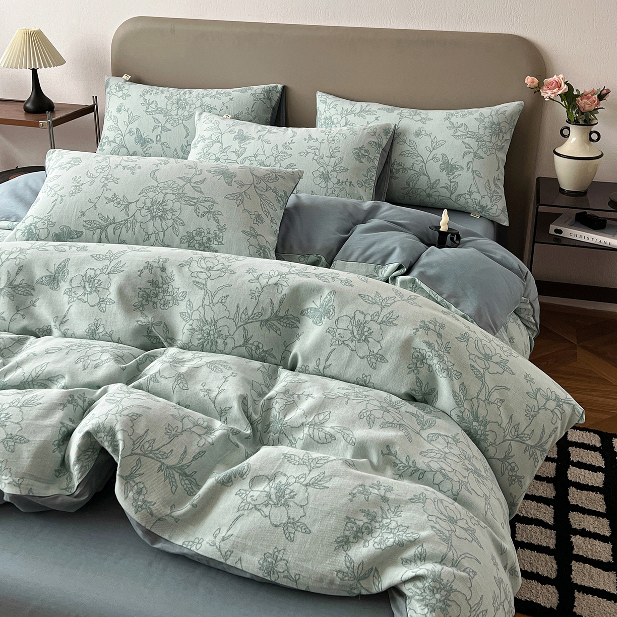 91家纺网 家纺一手货源 找家纺 锦彩家居 2026新款全棉色织三层大提花四件套-花漫辞系列（提供买家秀） 繁花-蓝