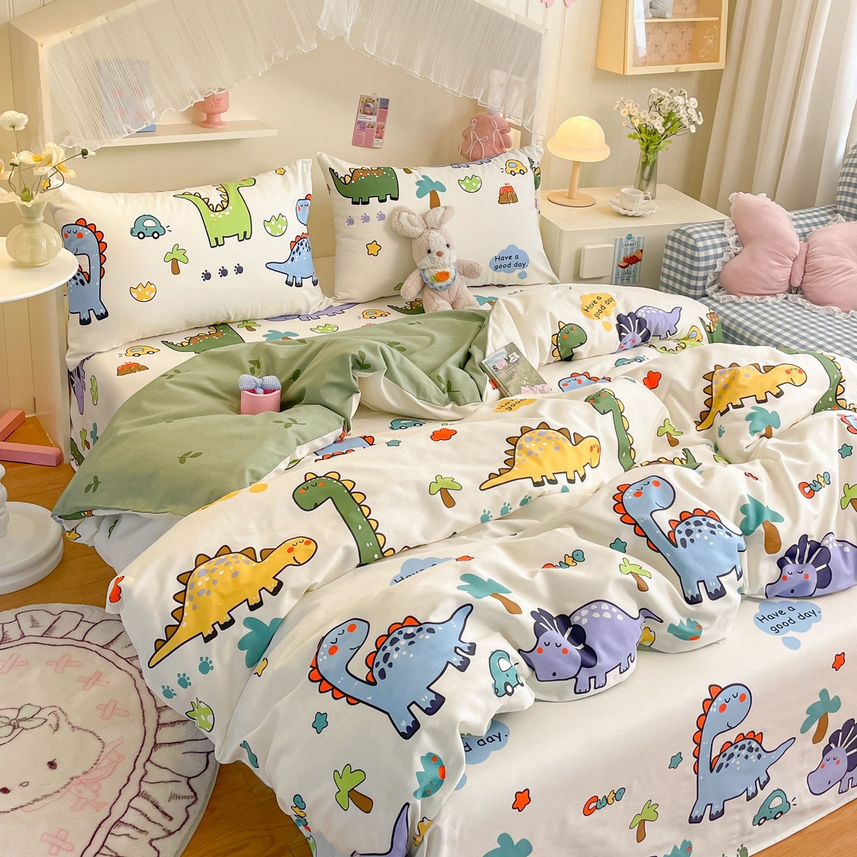91家纺网 家纺一手货源 找家纺 寻米 2026新款春夏全棉13070印花四件套单品系列-单被套 恐龙乐园