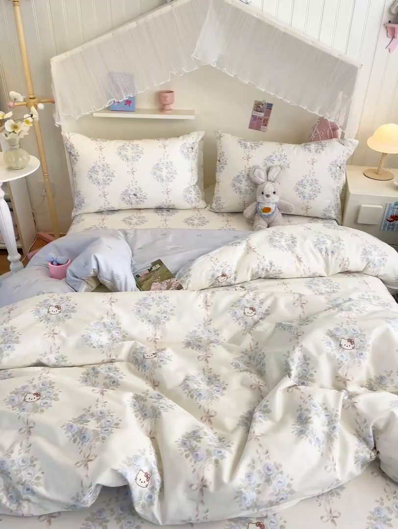 91家纺网 家纺一手货源 找家纺 寻米 2026新款春夏全棉13070印花四件套单品系列-单被套 花园凯蒂