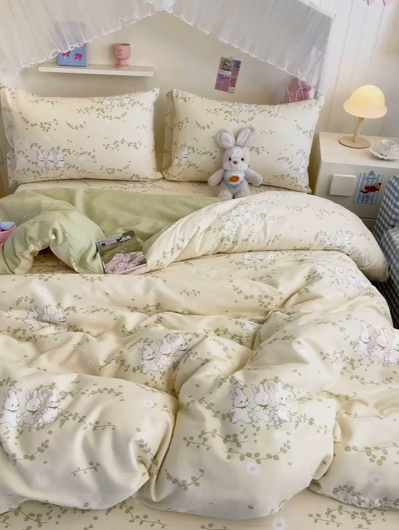 91家纺网 家纺一手货源 找家纺 寻米 2026新款春夏全棉13070印花四件套单品系列-单被套 花园小兔
