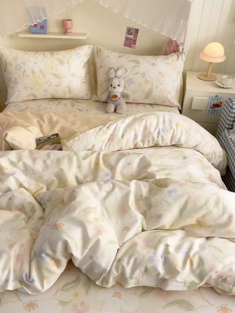 91家纺网 家纺一手货源 找家纺 寻米 2026新款春夏全棉13070印花四件套单品系列-单枕套 春风里-杏色