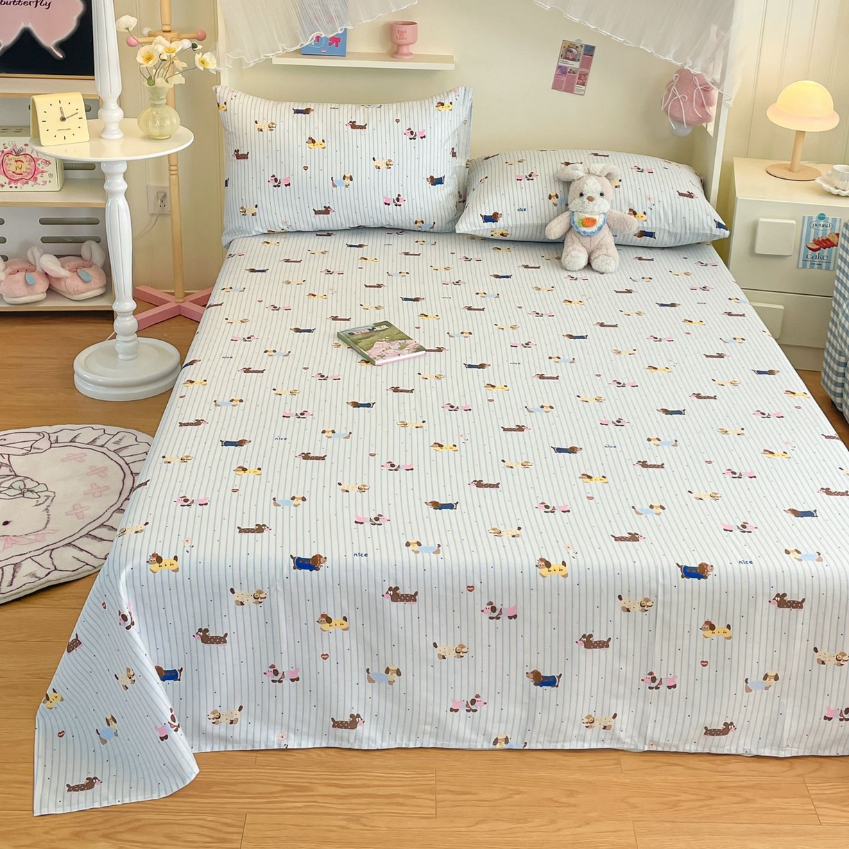 91家纺网 家纺一手货源 找家纺 寻米 2026新款春夏全棉13070印花四件套单品系列-四件套 小狗没烦恼-兰