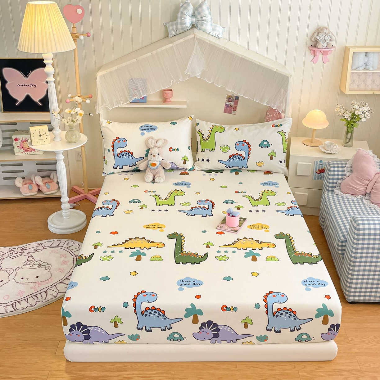 91家纺网 家纺一手货源 找家纺 寻米 2026新款春夏全棉13070印花四件套单品系列-四件套 恐龙乐园