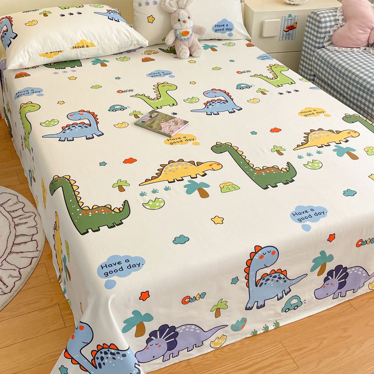 91家纺网 家纺一手货源 找家纺 寻米 2026新款春夏全棉13070印花四件套单品系列-四件套 恐龙乐园