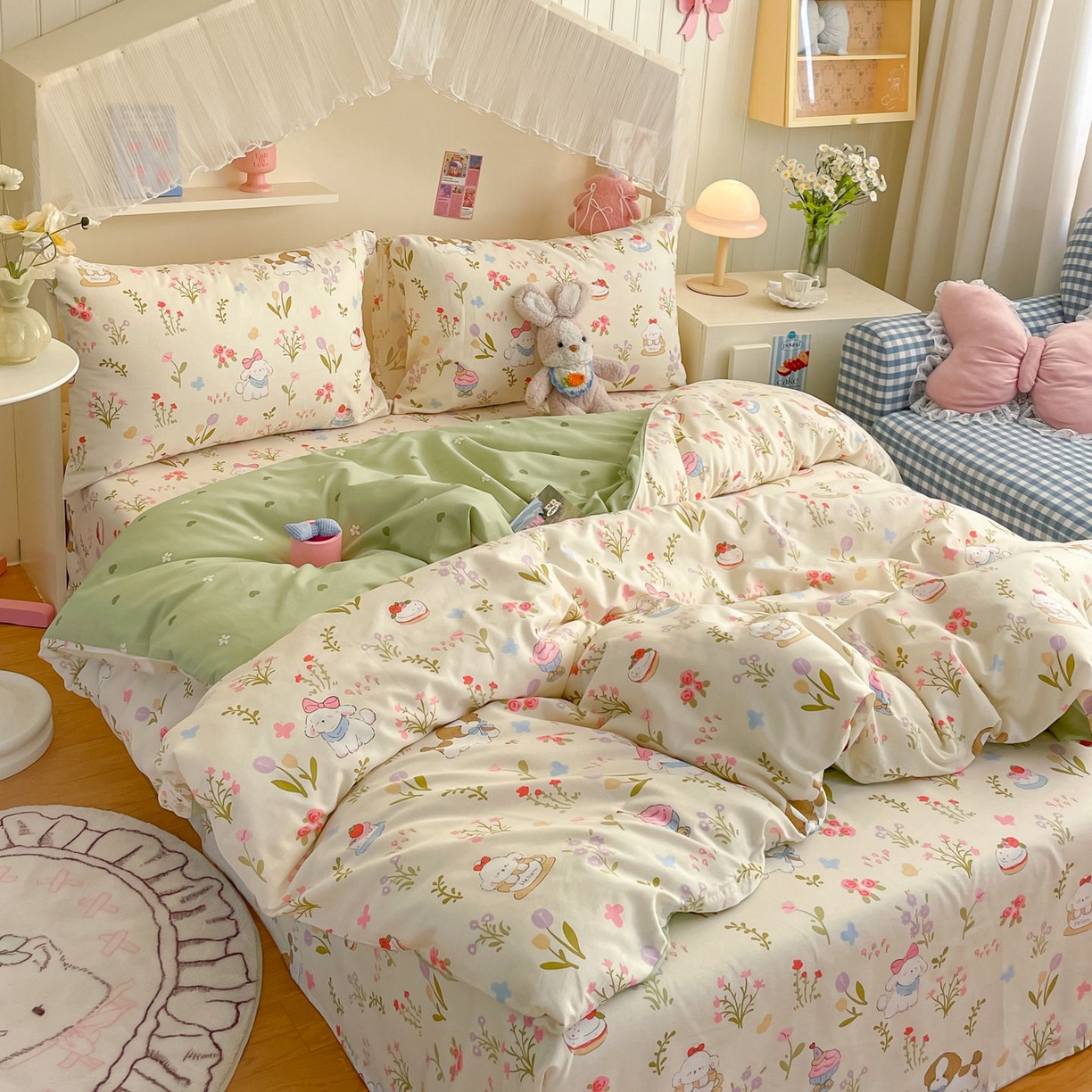 91家纺网 家纺一手货源 找家纺 寻米 2026新款春夏全棉13070印花四件套单品系列-四件套 花园小狗