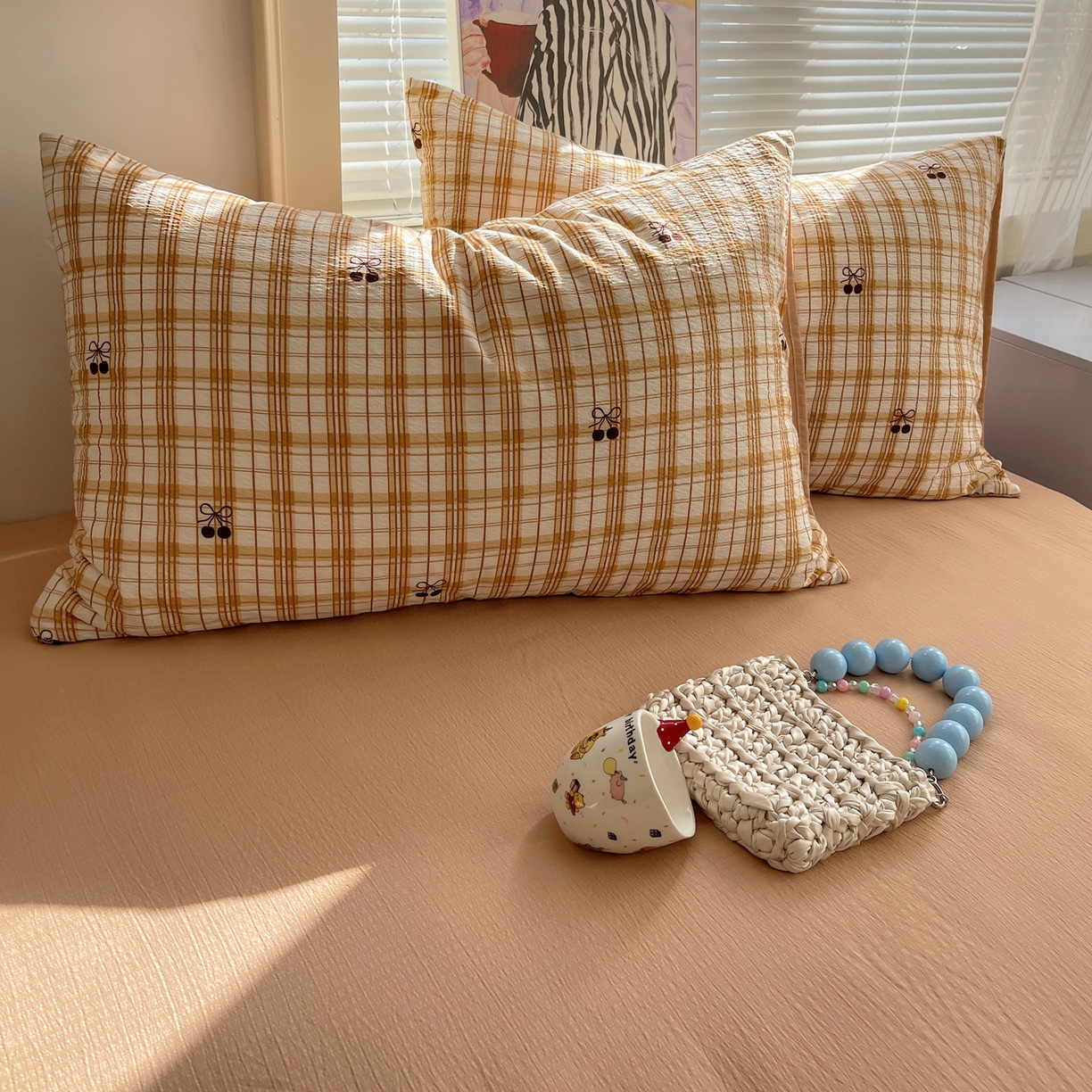 91家纺网 家纺一手货源 找家纺 繁花家居 2026新款木棉双层纱四件套 焦糖格樱1