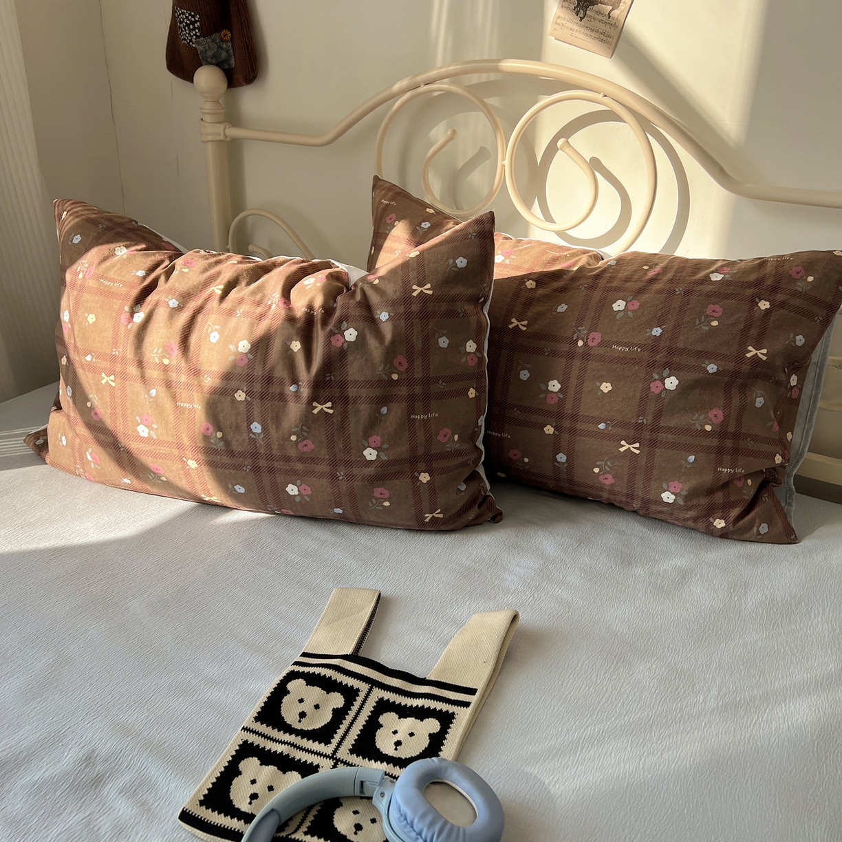 91家纺网 家纺一手货源 找家纺 繁花家居 2026新款木棉双层纱四件套 蓝色咖棕花