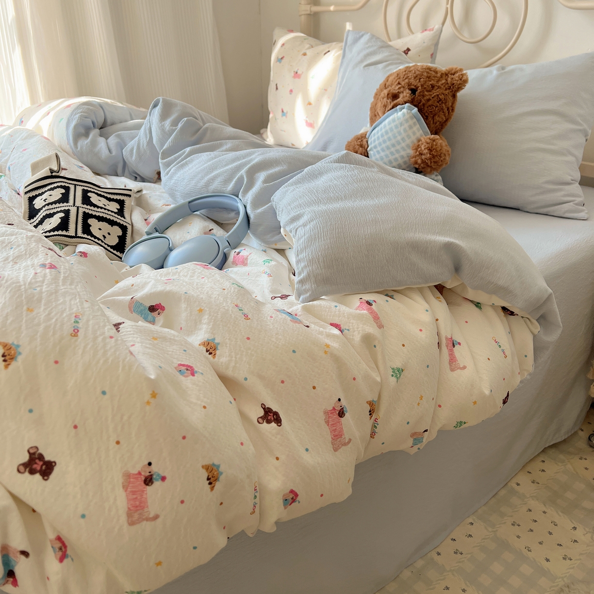 91家纺网 家纺一手货源 找家纺 繁花家居 2026新款木棉双层纱四件套 蓝色腊肠狗