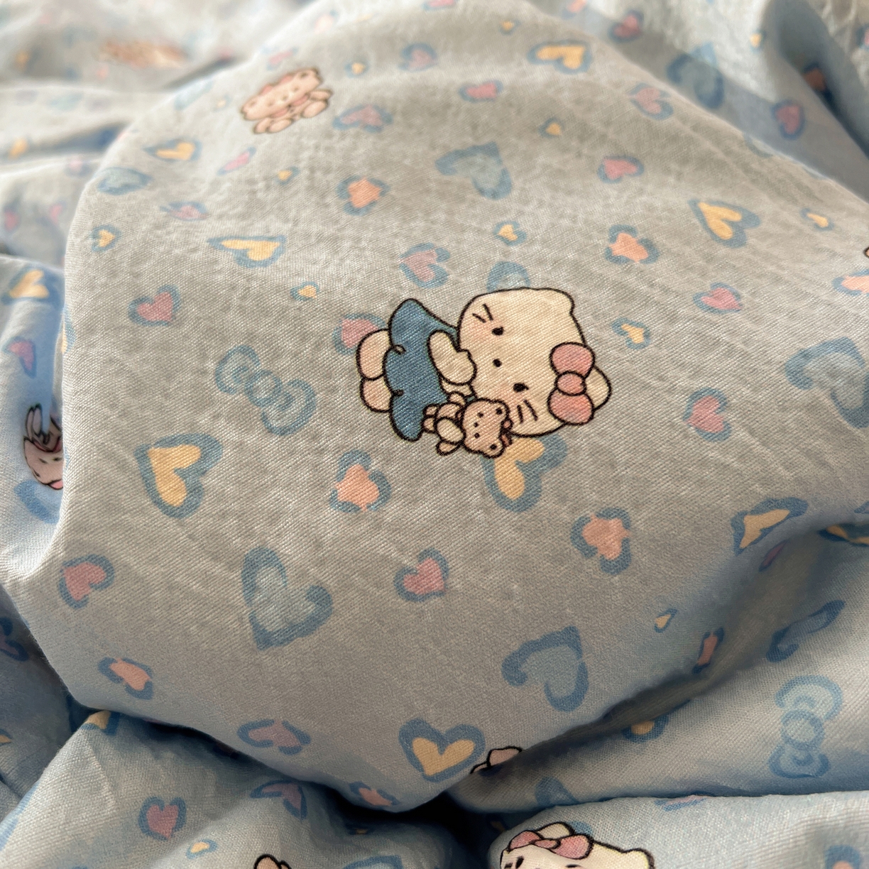 91家纺网 家纺一手货源 找家纺 繁花家居 2026新款木棉双层纱四件套 蓝心kt