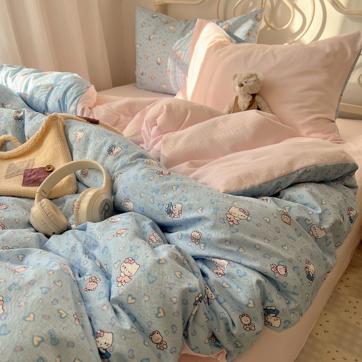 91家纺网 家纺一手货源 找家纺 繁花家居 2026新款木棉双层纱四件套 蓝心kt