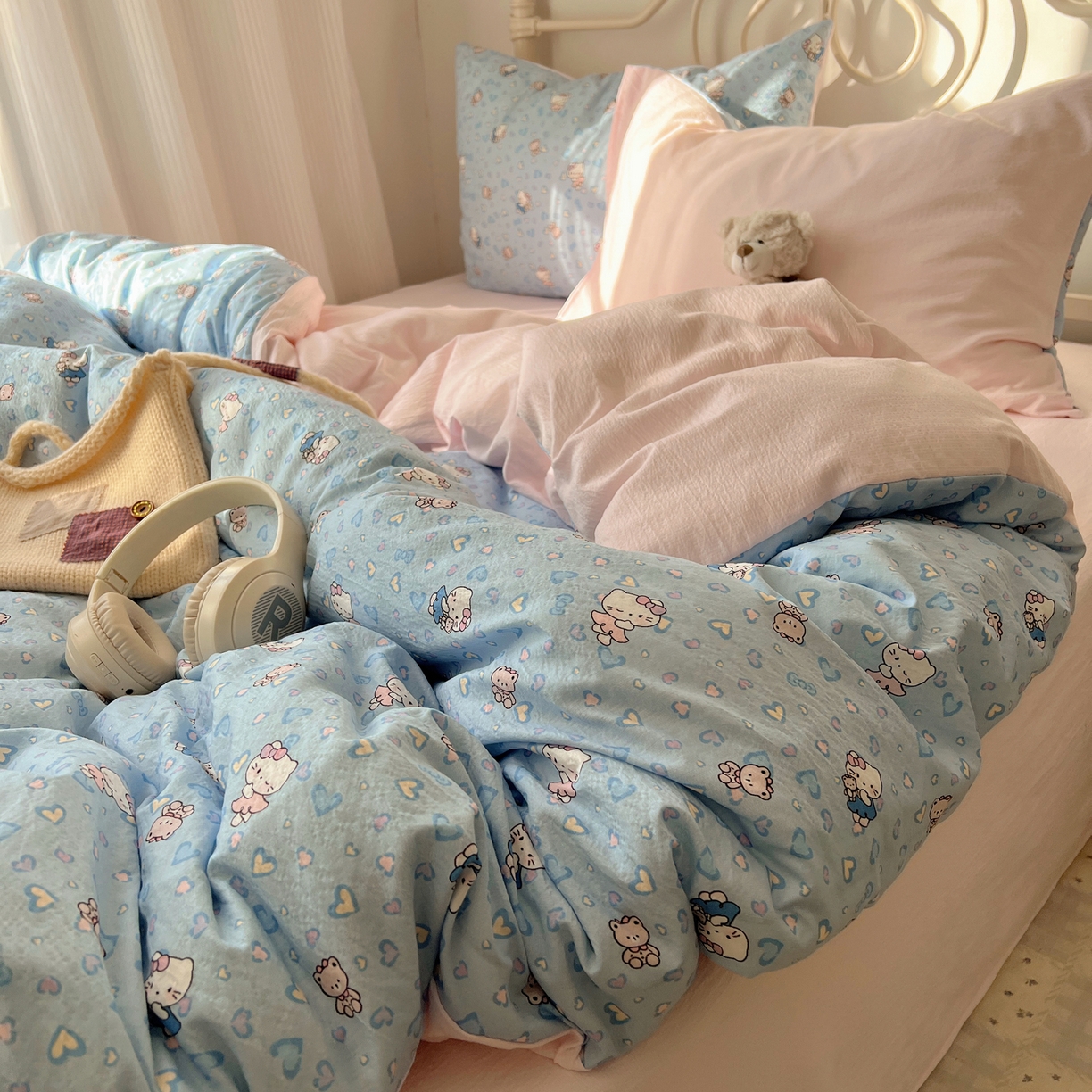 91家纺网 家纺一手货源 找家纺 繁花家居 2026新款木棉双层纱四件套 蓝心kt