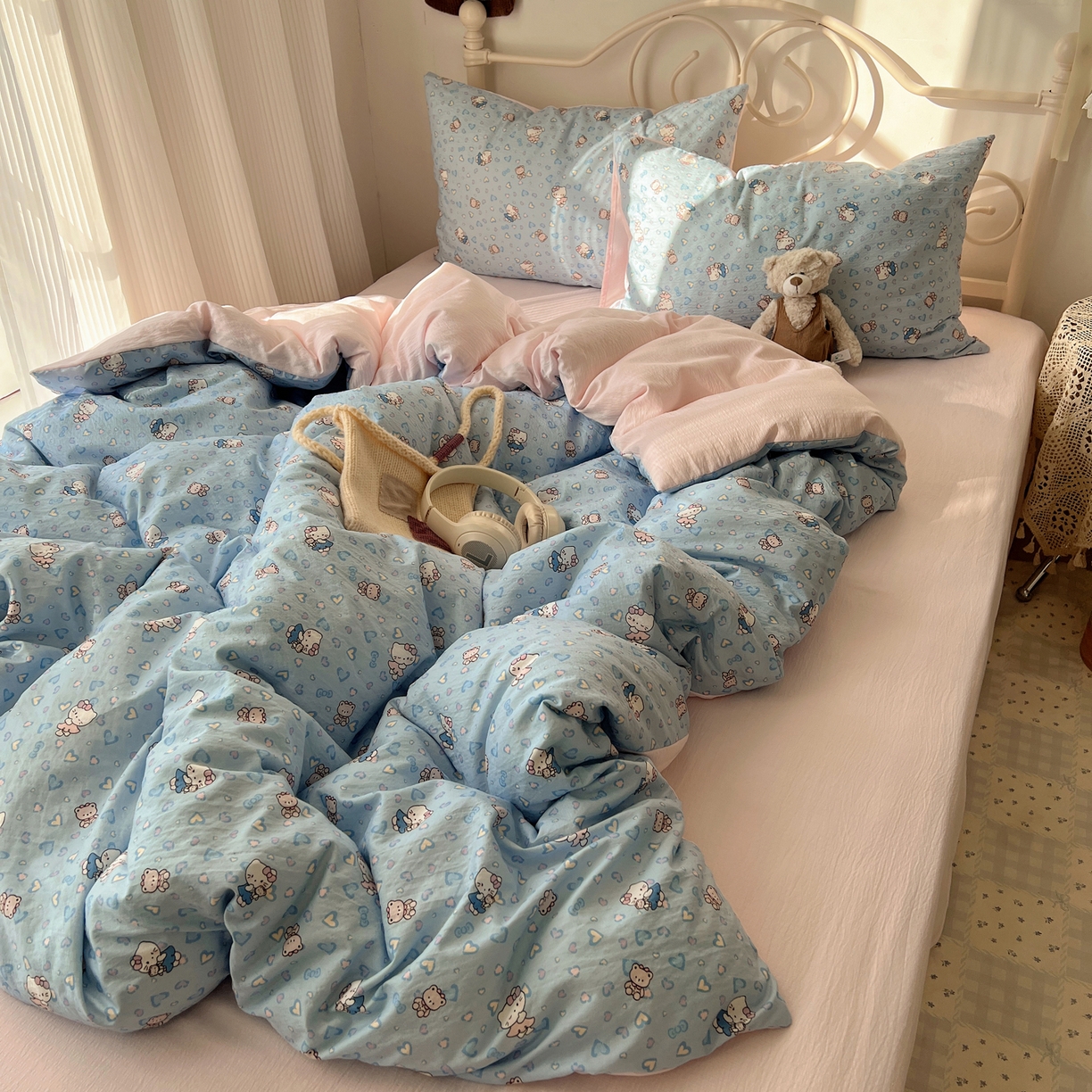 91家纺网 家纺一手货源 找家纺 繁花家居 2026新款木棉双层纱四件套 蓝心kt