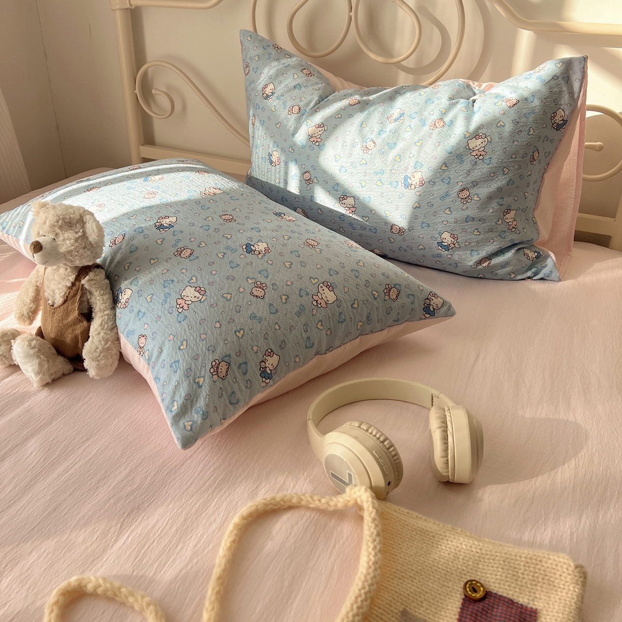 91家纺网 家纺一手货源 找家纺 繁花家居 2026新款木棉双层纱四件套 蓝心kt