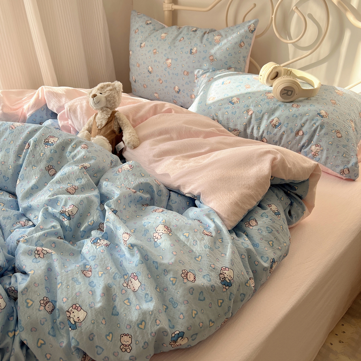 91家纺网 家纺一手货源 找家纺 繁花家居 2026新款木棉双层纱四件套 蓝心kt