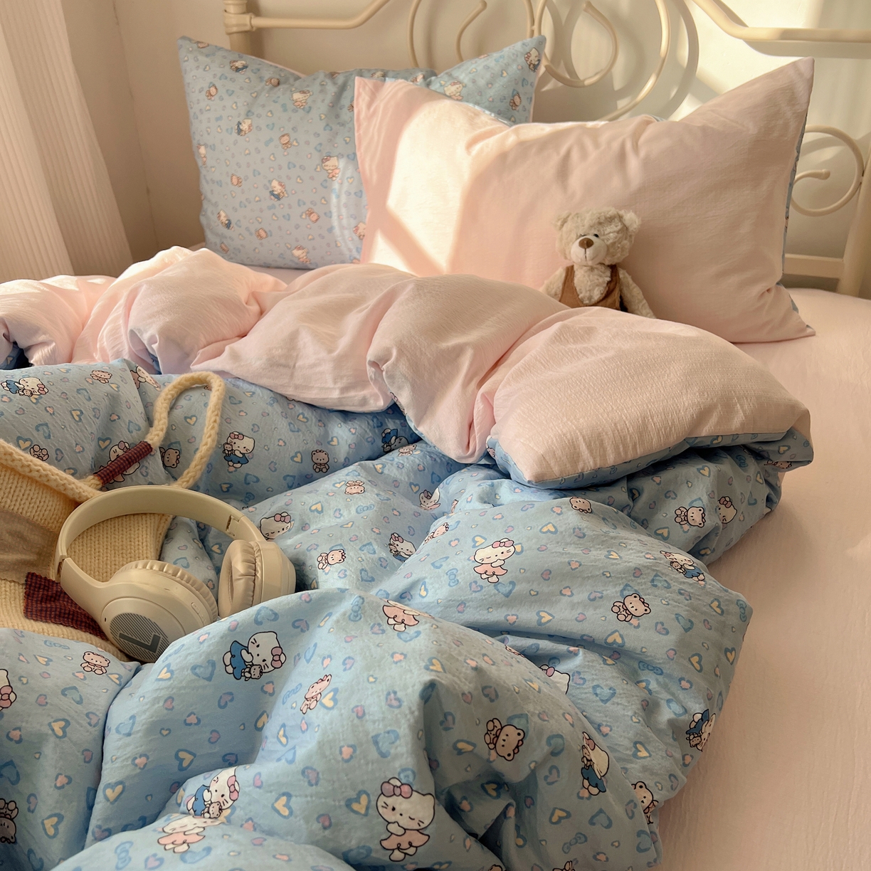 91家纺网 家纺一手货源 找家纺 繁花家居 2026新款木棉双层纱四件套 蓝心kt