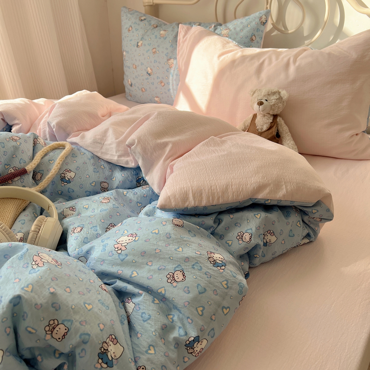 91家纺网 家纺一手货源 找家纺 繁花家居 2026新款木棉双层纱四件套 蓝心kt