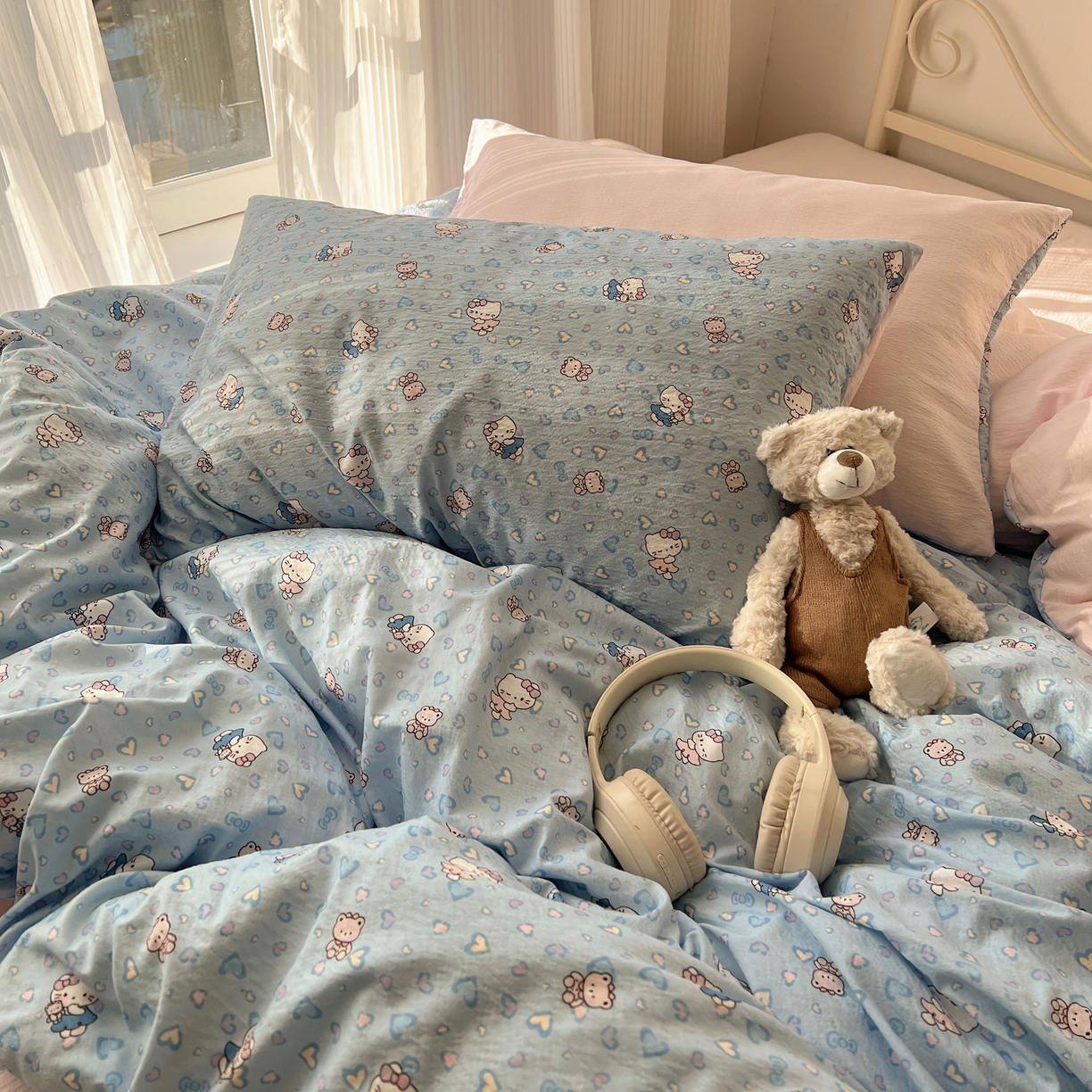 91家纺网 家纺一手货源 找家纺 繁花家居 2026新款木棉双层纱四件套 蓝心kt