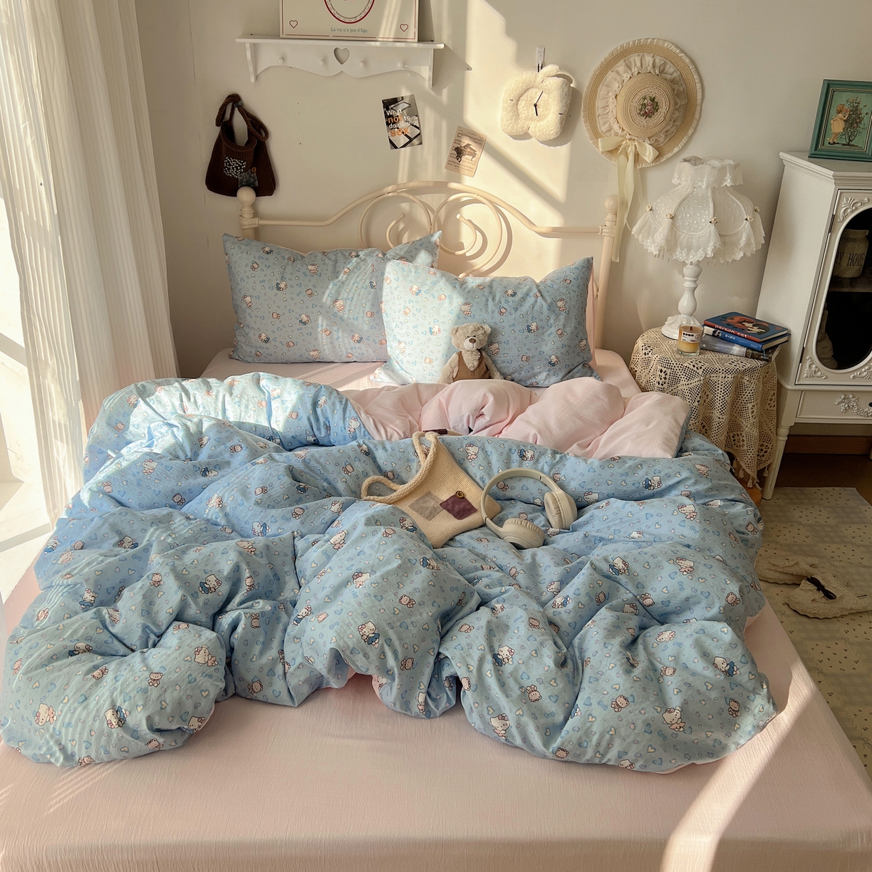 91家纺网 家纺一手货源 找家纺 繁花家居 2026新款木棉双层纱四件套 蓝心kt