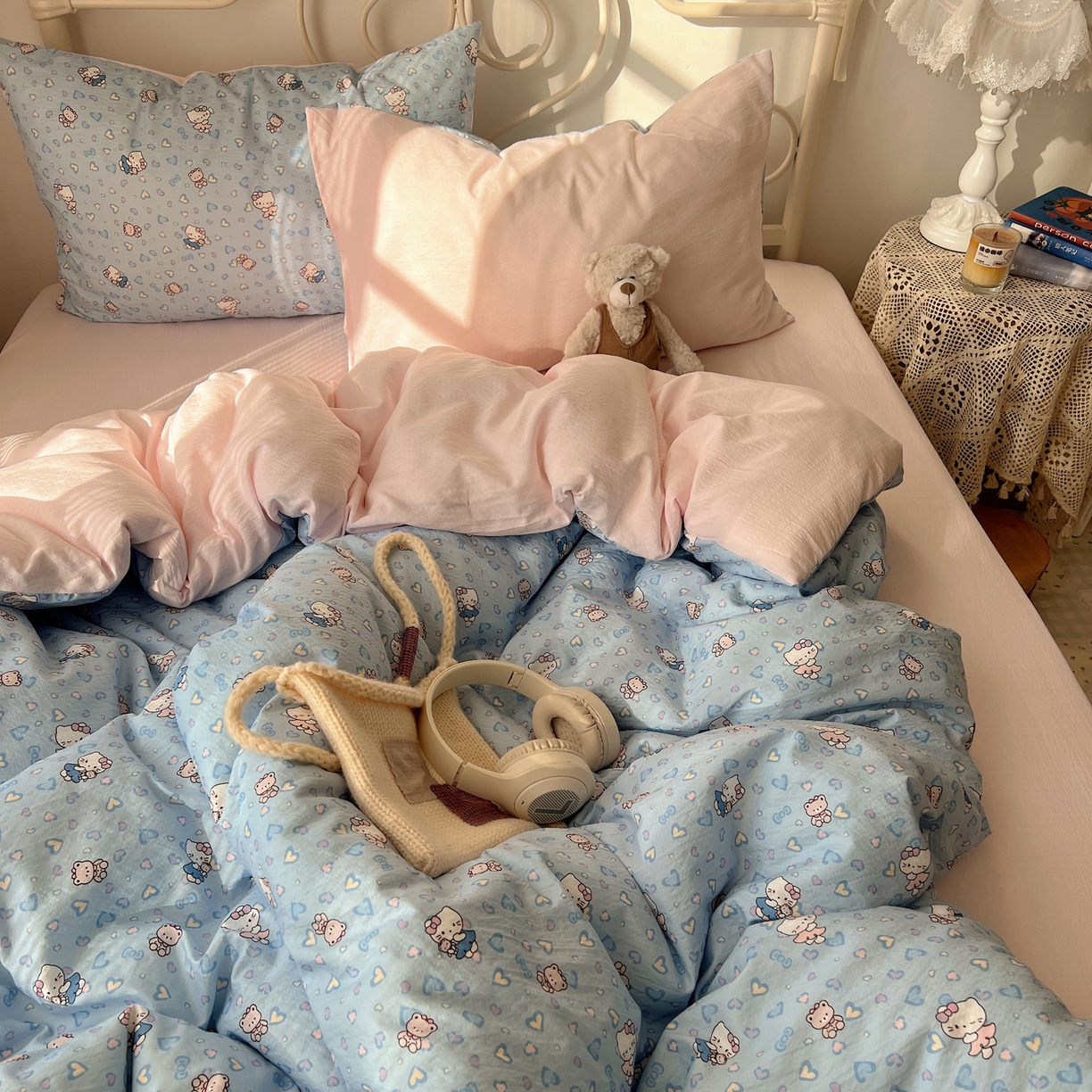 91家纺网 家纺一手货源 找家纺 繁花家居 2026新款木棉双层纱四件套 蓝心kt