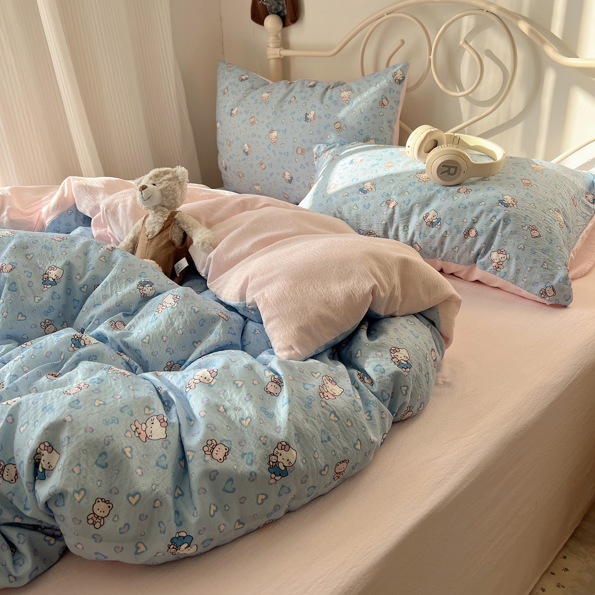 91家纺网 家纺一手货源 找家纺 繁花家居 2026新款木棉双层纱四件套 蓝心kt