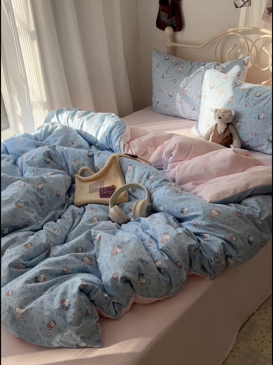 91家纺网 家纺一手货源 找家纺 繁花家居 2026新款木棉双层纱四件套 蓝心kt