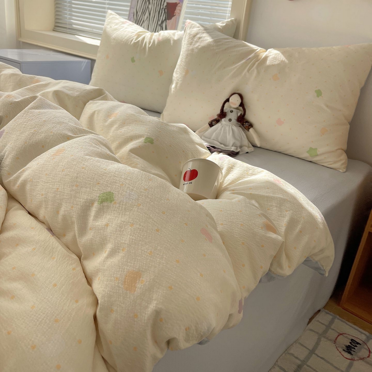 91家纺网 家纺一手货源 找家纺 繁花家居 2026新款木棉双层纱四件套 米白星絮