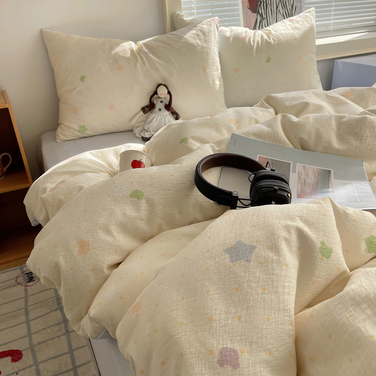 91家纺网 家纺一手货源 找家纺 繁花家居 2026新款木棉双层纱四件套 米白星絮