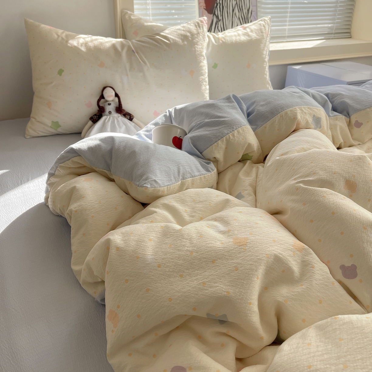 91家纺网 家纺一手货源 找家纺 繁花家居 2026新款木棉双层纱四件套 米白星絮