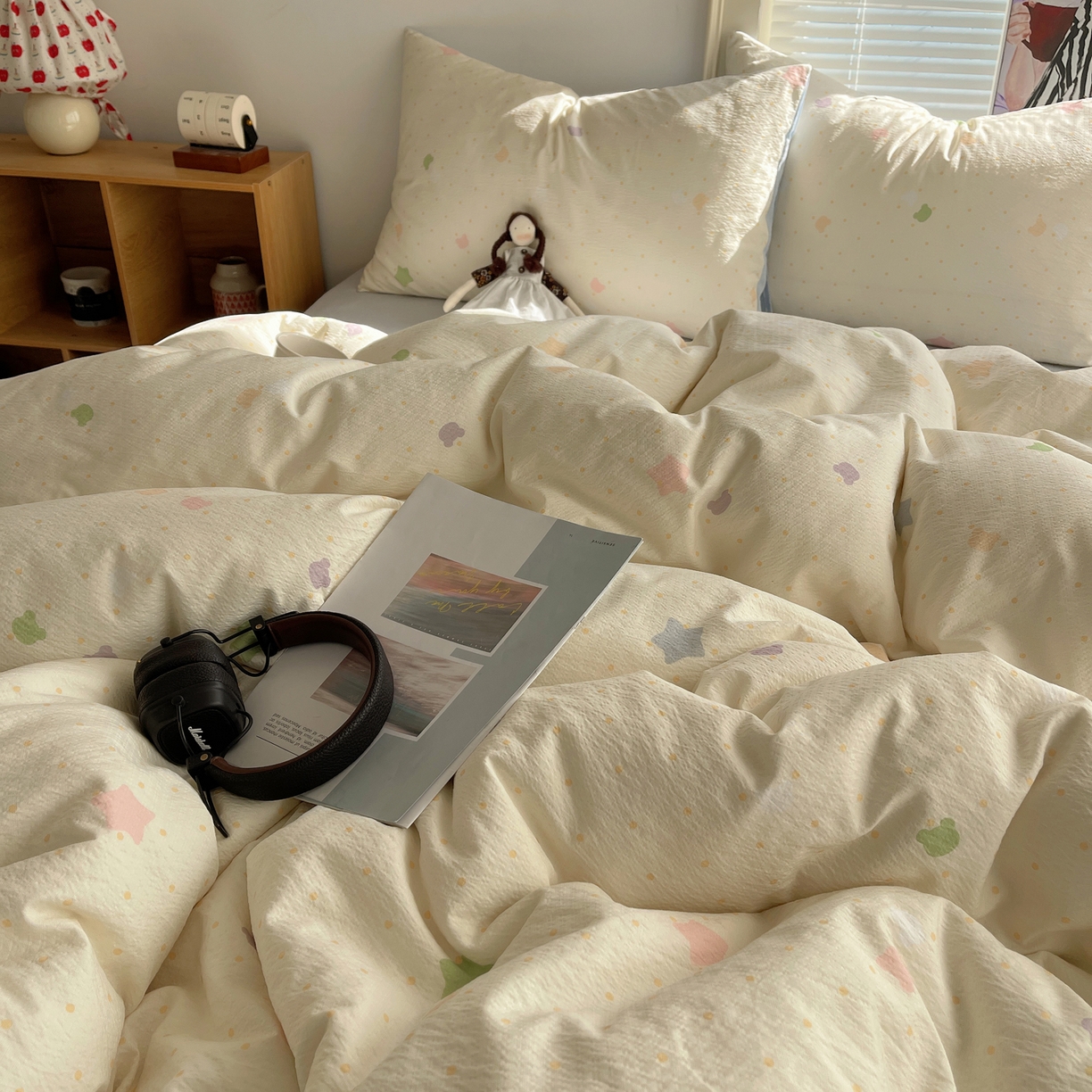 91家纺网 家纺一手货源 找家纺 繁花家居 2026新款木棉双层纱四件套 米白星絮