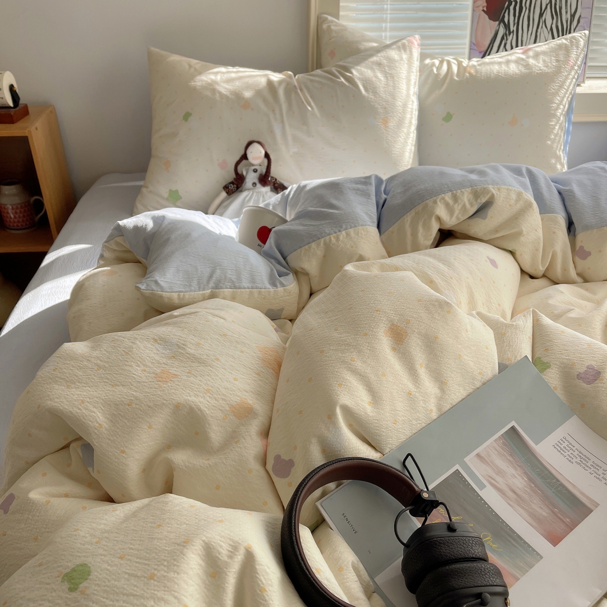 91家纺网 家纺一手货源 找家纺 繁花家居 2026新款木棉双层纱四件套 米白星絮