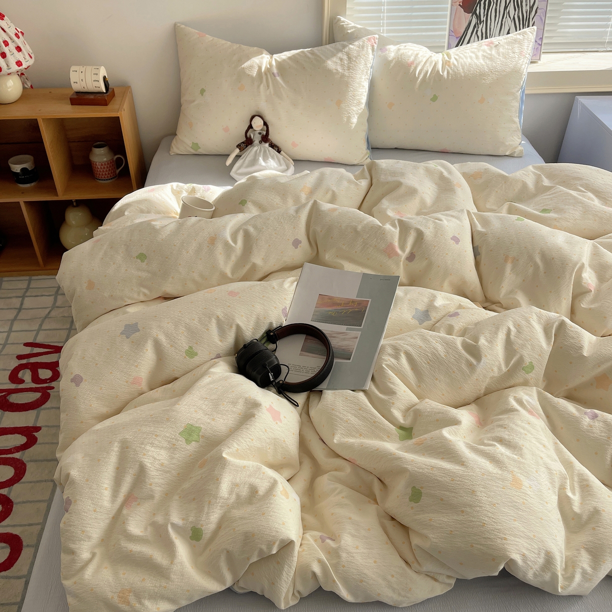 91家纺网 家纺一手货源 找家纺 繁花家居 2026新款木棉双层纱四件套 米白星絮